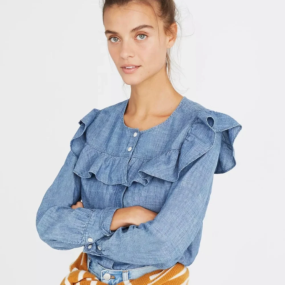 Madewell Chambray Ruffle-Yoke Top Medium
